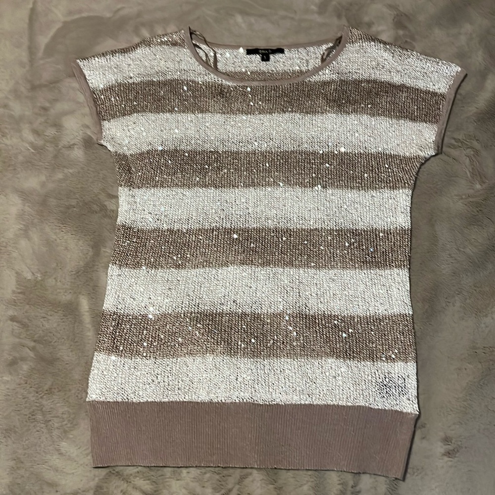 Cream and Taupe wide strips cap sleeve sweater with sequin size small